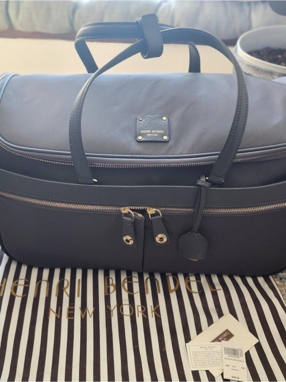 Henri Bendel Gray Weekend Duffel Wheelie with Gold Hardware